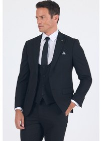 Resim İmza Siyah Mono Yaka Astarlı Çift Yırtmaç Esnek 6 Drop Slim Fit Basic Yelekli Takım Elbise 1001255186 