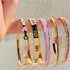 Resim 5 Adet Paslanmaz Çelik Bilezik Seti Sentetik Zirkonyalı - Zarif Romantik Stil, Damla Yağı Kaplama, Kadınlar için Moda Bilezik Koleksiyonu 