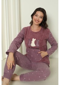 Resim Wordex Fwn 04-3302 Peluş Welsoft Polar Kışlık Yumoş Tavşanlı Kadın Pijama Takımı Lila 