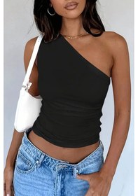Resim Kadın Siyah Tek Omuzlu Basic Dar Kesim Slim Fit Bluz Siyah 