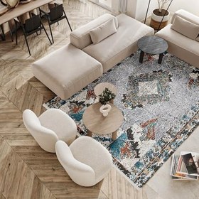 Resim Gri Soyut Modern Geometrik Etnik Eskitme Desenli Boho Makinada Yıkanabilir Hafif Hav Toz Vermez Leke Tutmaz Kaymaz Taban Dijital Makine Baskı Halı Oturma Odası Salon Yolluk Koridor Mutfak Halısı 