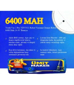 Resim Ümit Maker Yeedi Vac 2 Pro YDVN11 Robot Vacuum Cleaner Robot Süpürge 6400 Mah 14.4V Batarya - Orjinal Uyumlu Uzun Ömürlü 
