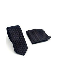 Resim Gaffy Lacivert Küp Desenli Kahverengi Dokuma Kumaş Mendilli Slim Fit Kravat // Sdk-2605-7 Kahverengi 