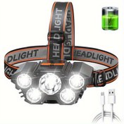 Resim 1 adet 5 LED Ultra Parlak Acil Durum Işığı ile USB Şarjlı, Kampçılık, Yürüyüş, Balık Tutma vb. Sahneler için Uygun Taşınabilir ABS Kafa Lambası, Güç Göstergesi ve SOS Işığı, Mat Bitişli Siyah ve Turuncu Tasarım, Parlaklık, Taşınabilirlik ve Çok Fonksiyonellik Birleşimi, Dış Aktiviteler, Gece Çalışması ve Acil Aydınlatma için Pratik Araç 