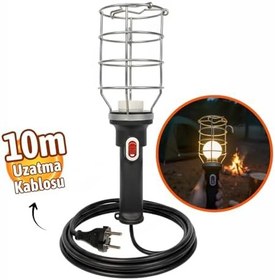 Resim Siyah 10 mt Plastik Saplı Metal Koruma Kafesli Kablolu E27 Standart Duy Seyyar El Lambası 