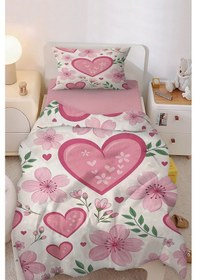 Resim Kalp Bahçesi Çiçekli Kalpli Tek Kişilik Çocuk Nevresim Seti Pembe 