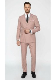 Resim Erkek Slim Fit Çizgili Takım Elbise 2 Top Düğmeli, Çift Yırtmaçlı Modern Kesim Kiremit 