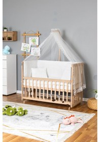 Resim Ahşap Beşik Anne Yanı Beşik Organik 70x130 - Beyaz Güpür Uyku Seti + Yataklı Ahşap 