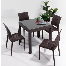 Resim Rattan Camlı 80x80 Masa Takımı 4 Kolsuz Sandalye Kahve Bahçe Balkon Teras Kahve 