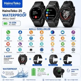 Resim Haino Teko-25 Akıllı Saat Siyah 1 Kasa 3 Değiştirilebilir Kordon AMOLED Ekran Bluetooth Arama IP67 Suya Dayanıklı Uzun Pil Ömrü 