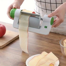 Resim Çok Fonksiyonlu Mutfak Aleti, Sebze ve Meyveleri Dilimlemek, Güvenli Yuvarlak Dilim Soyucu ve Patates ve Elmalar için Bir Çekirdek Çıkarıcı Özelliğine Sahiptir. 