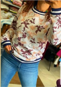 Resim Kadın Triko Yaka Desenli Sweatshirt Beyaz 