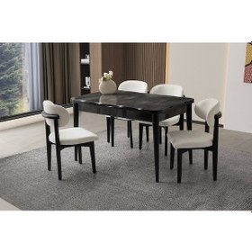 Resim Ortadan Açılır Büyüyen 90x160cm Mermer Desenli Ahşap Salon Yemek Masa Sandalye Takımı 4 Nergis Sanda Mermer-ekru 
