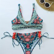 Resim 2 parçalı bağlama boyası çapraz sırtlı açık bikini ve plaj eteği 