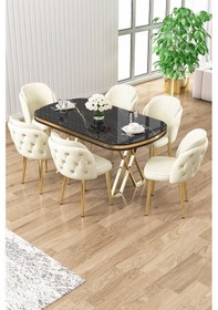 Resim Canisa Zae Serisi 90x168 Lak Panel Siyah Mermer Desen Gold Ayak Masa Takımı 6 Krem Sandalye Sonata Masa Krem Sandalye Ayaklar Gold 