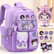Resim Sanrio Kuromi Büyük Kapasiteli Sırt Çantası, Çok Cepli Tasarım ve Ayarlanabilir Askılar, Karışık Renklerde Günlük Şık İhtiyacınız için Eğlenceli Stil, Sağlam Fermuar Kapanması, 1 Rastgele Charm + 6 Badge & 3 Kart Hediyelik 