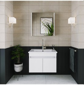 Resim Banos Al3 Lavabolu Beyaz 65 Cm Aynalı Banyo Dolabı Takımı Beyaz 