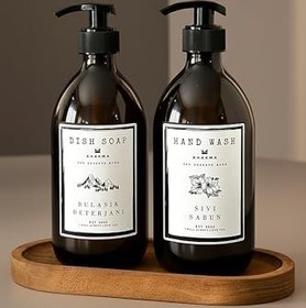 Resim KHAKMA Oval Ahşap Stantlı 2'li Amber Cam Sıvı Sabun Bulaşık Deterjanı Şişesi Sabunluk 500ml BB HD ST 