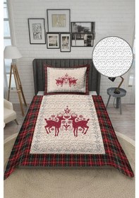 Resim Yılbaşı Temalı Kadife Kumaş Kapitoneli Tek Kişilik Yatak Örtüsü Seti 2 Parça Tky0046 Çok Renkli 