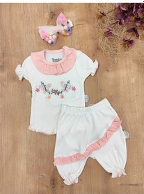 Resim Kız Bebek Çocuk Takım Pudra Sweatli 3'lü 3-6-9-12 Ay Bebek Takımları Kıyafetleri Giysileri Pudra 