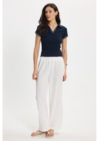 Resim Tudors Kadın Slim Fit Dar Kesim Pamuklu Polo Yaka Kısa Kollu Lacivert Tişört-50463 