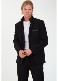 Resim Sposo 1675 Hakim Yaka Düğmeli Yünlü Kaşe Siyah Erkek Kaban Siyah 