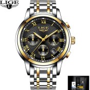 Resim Hanyang Altın Siyah Lıge Erkek Saati Altın Kadran Paslanmaz Çelik Bant Tarih Erkek Iş Erkek Saatler Su Geçirmez Lüks Erkekler Erkekler Için Bilek Saatleri (Yurt Dışından) 