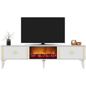 Resim Doruk Tv Sehpası Alt Modül Şömineli Beyaz Altın 