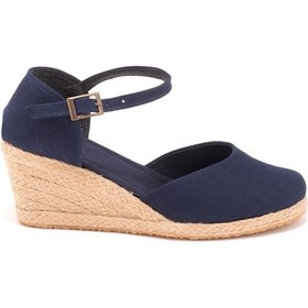 Resim Star Tombis Gerçek Elişi Bilekten Bantlı Topuğu Açık Keten Espadril Dolgu Topuk Handmade Lacivert 