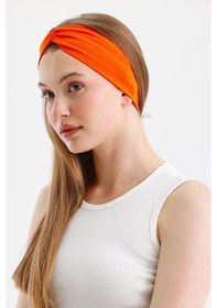 Resim Butik Çapraz Bağlamalı Kadın Bandana Saç Bandı, Kaymaz Yumuşak Esnek%100 Pamuklu Penye - Tek Ebat / Turuncu Turuncu 