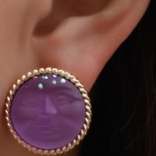 Resim Kadınlar İçin Retro Mor Yüz Tasarımlı Yuvarlak Metal Çivi Küpeler - Altın Tonlu Halo Ayar, Günlük ve Gecelik Takı, Yıl Boyu Çok Yönlü Aksesuarlar, Sevimli Küpeler, Vintage Tarzı Çiviler, Altın Renk Kaplama 