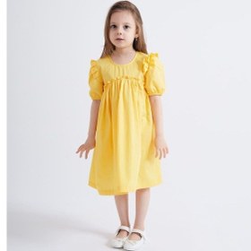 Resim Oliventhekid Sarı Robadan Fırfır Büzgülü Kolları Lastikli Poplin Kız Çocuk Elbise Sarı Sarı 