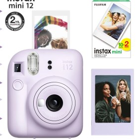 Resim Instax Mini 12 Lila Fotoğraf Makinesi-Çerçeve ve 20'li Mini Film Seti 