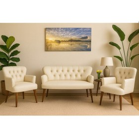 Resim Azra Mobilya Krem Deri Chester Tarz Koltuk Takımı Modern Tasarım, Dayanıklı Ahşap Ayaklı Oturma Grubu 2+1+1 Krem 