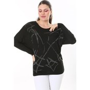 Resim Kadın Büyük Beden Siyah Taş Detaylı Yarasa Kol Bluz 65n37689-siyah Siyah 