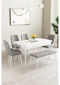 Resim Clara Beyaz Mermer Desen 80x132 Açılabilir Mutfak Masası Takımı 4 Sandalye, 1 Bench Gri 