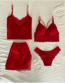 Resim 4'lü Saten Firuze Çeyiz Seti Kırmızı 