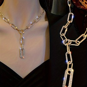 Resim Shiny Rhinestone Zinciri Y-Kolye Zarif Altın/Gümüş Kalın Zincir Lüks Tarz Klavikula Zinciri Kadınlar için Takı 