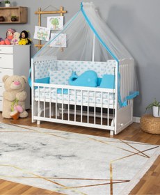 Resim Bamgidoo Ahşap Beşik Anne Yanı Beşik Beyaz) 60x120 - Mavi Balina Uyku Seti Yatak 
