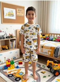 Resim Aliş Kids Erkek Çocuk Pamuklu Beyaz Araba İş Makinesi Desenli Kısa Kollu Şortlu Yazlık Pijama Takımı 