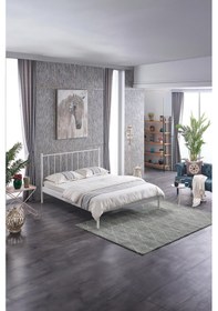 Resim Falez-st Çift Kişilik Metal Karyola-beyaz Yüksek Başlıklı Ahşap Latalı 