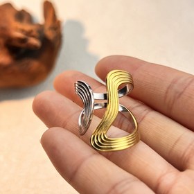 Resim 1 adet Paslanmaz Çelik Çift Tonlu Liniyer Geometrik Asimetrik Açık Halka Erkekler ve Kadınlar için Günlük Kullanım İçin Uygun 