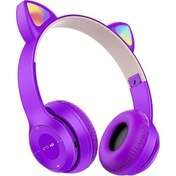 Resim Kensa Kedi Kulaklı Kız Çocuk İçin Işıklı Mikrofonlu Kablosuz Katlanabilir Bluetooth Kedili Kulaklık Mor 