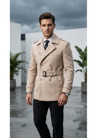 Resim Erkek Kemerli Trençkot Mont Kaşe Kumaş, Kapitone Astarlı, Çift Düğmeli Premium Tasarım Bej 