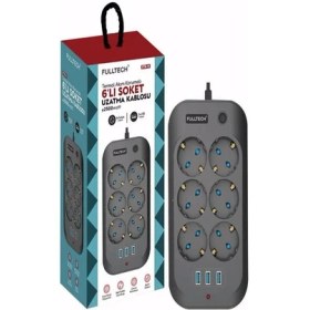 Resim Fulltech 6 Priz 3xusb 10A 2 Mt Kablo 2500W Akım Korumalı Priz Ftr-11 8551 