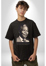 Resim Nelson Mandela Pamuklu Bisiklet Yaka Unisex Oversize Boyfriend Dijital Baskılı Siyah T-shirt Siyah 