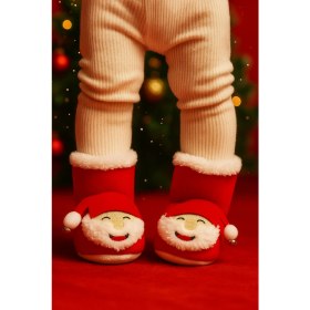 Resim Yılbaşı, Noel Baba Kaydırmaz Taban Çıngıraklı Kırmızı Bebek Panduf 