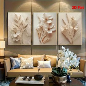 Resim 3 adet Çerçevesiz Tuval Sanat Baskı Seti - Zarif Beyaz ve Bej Çiçek Deseni, Modern Minimalist Duvar Dekoru için Yatak Odası, Oturma Odası, Ofis - Ev Dekorasyonu, Doğum Günü, Tatil, Yeni Yıl Hediyeleri için İdeal - 40*60cm/50*70cm, Çiçek Duvar Dekoru 
