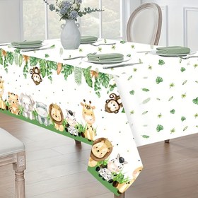 Resim 1pc Jungle Safari Tek Kullanımlık Plastik Örtü - Makine Yapımı Vahşi Hayvan Temalı Masa Örtüsü Doğum Günü ve Kutlamalar için, 219.96cm x 129.79cm 
