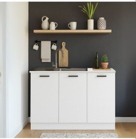 Resim Tarkan Hazır Mutfak Dolabı -alt Modül-çok Amaçlı Dolap -120 Cm Beyaz Ve Laminat Beyaz Tezgah Dahil Beyaz 